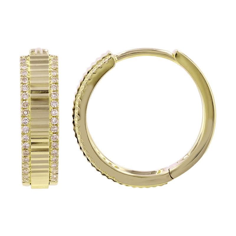 14k Yellow Gold Diamond Border Fluted Diamond Huggie Earrings 15mm