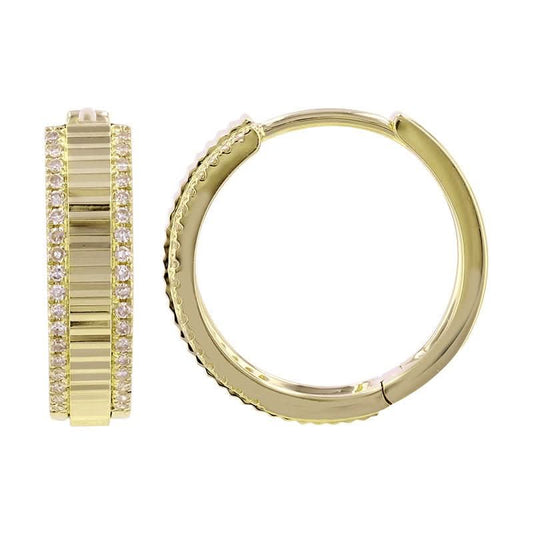 14k Yellow Gold Diamond Border Fluted Diamond Huggie Earrings 15mm