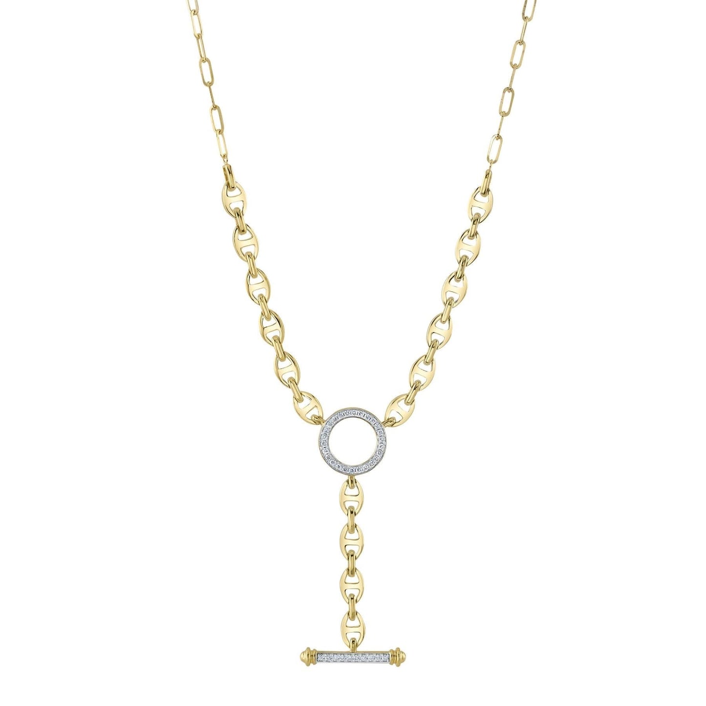 14K Yellow Gold Diamond Circle Link Lariat Necklace