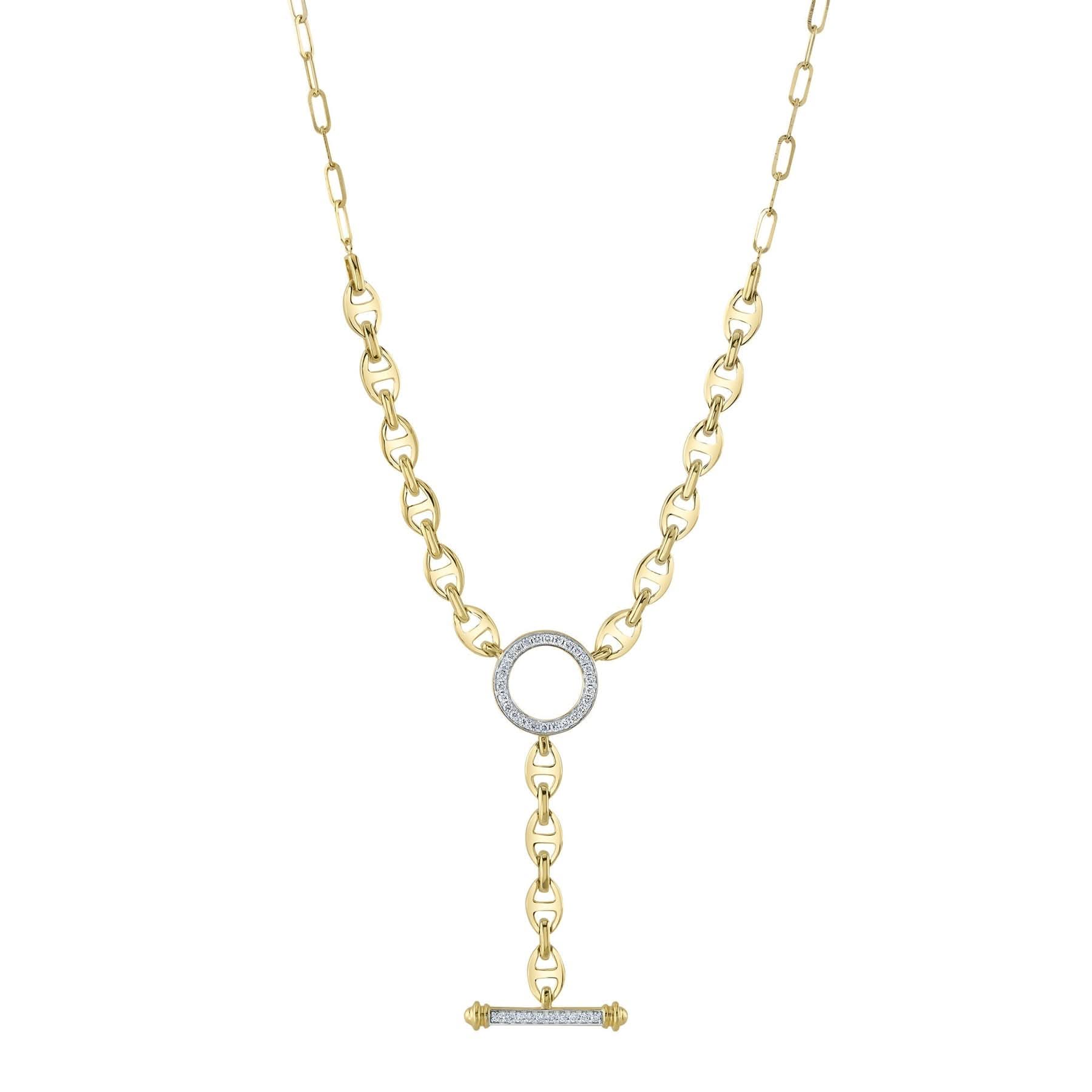 14K Yellow Gold Diamond Circle Link Lariat Necklace