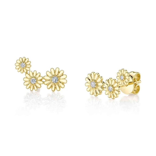 14k Yellow Gold Diamond Cluster Flower Climber Earrings