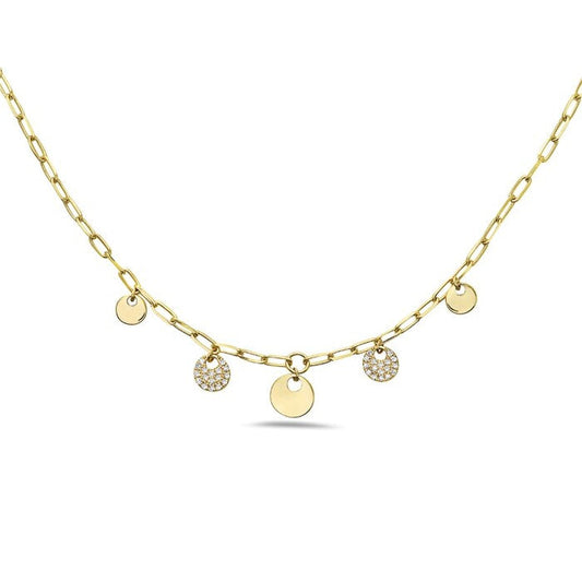14k Yellow Gold Diamond Disc Station on Link Chain Necklace