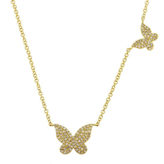 14K Yellow Gold Diamond Double Butterfly Necklace