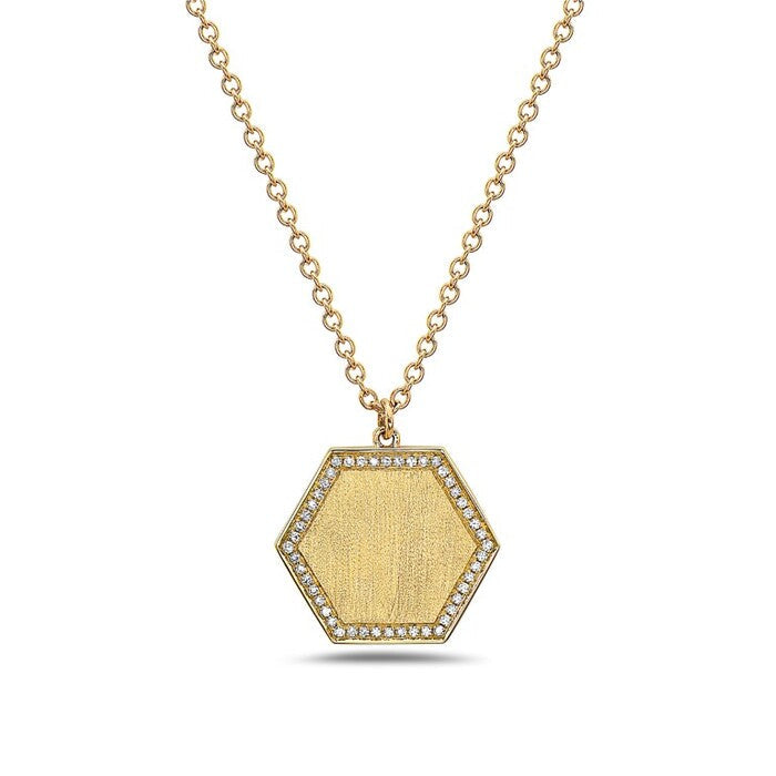 14k Yellow Gold Diamond Hexagon Pendant Necklace