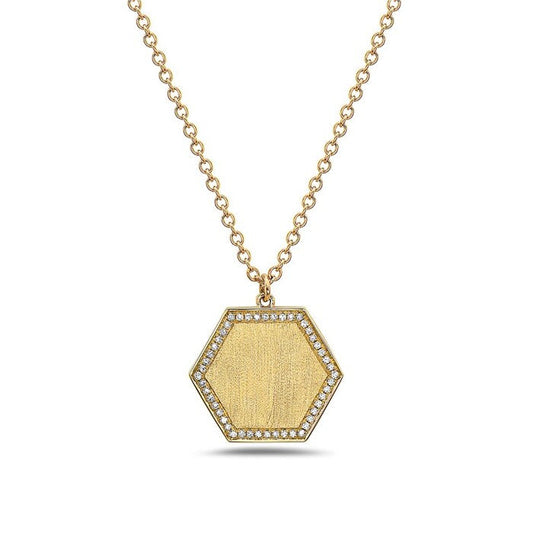 14k Yellow Gold Diamond Hexagon Pendant Necklace