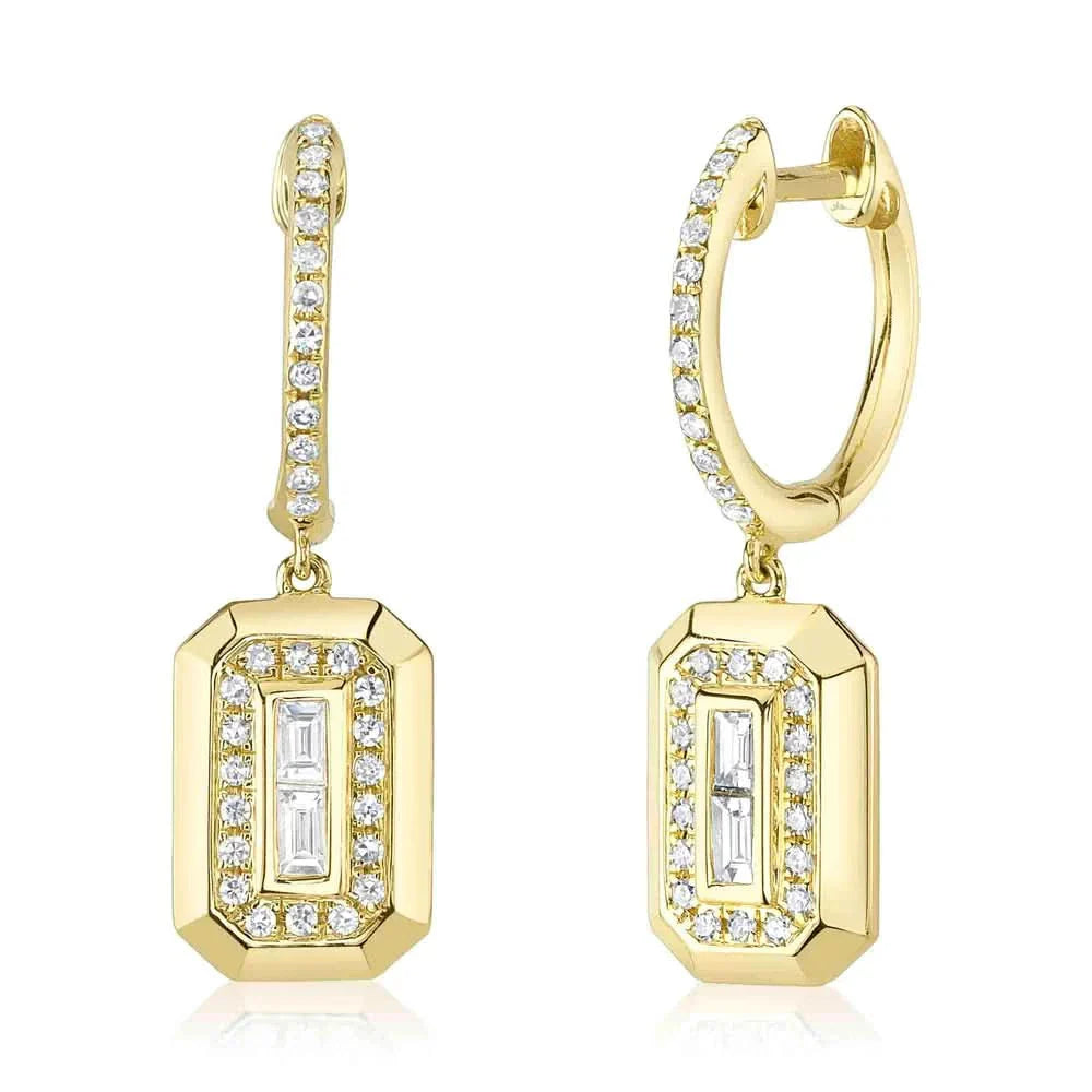 14K Yellow Gold Diamond Huggies With Diamond Baguette Drop Earrings