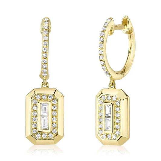 14K Yellow Gold Diamond Huggies With Diamond Baguette Drop Earrings