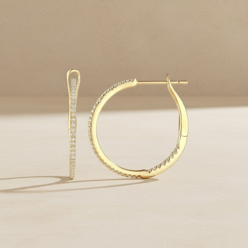 14k Yellow Gold Diamond Inside Out Hoop Earrings 21mm, alternate view 2