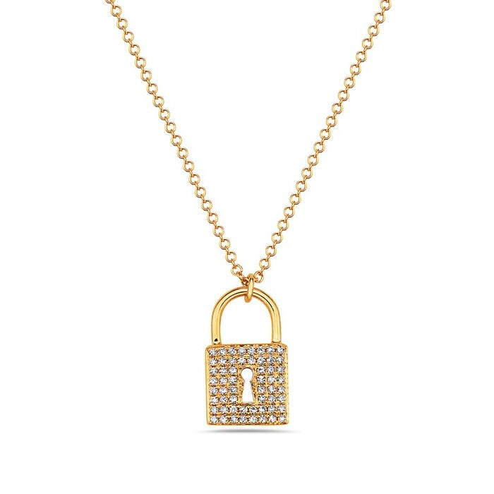 14k Yellow Gold Diamond Lock Pendant Necklace