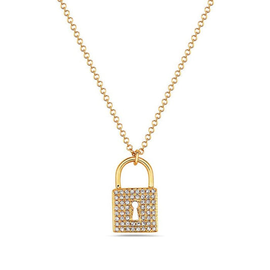 14k Yellow Gold Diamond Lock Pendant Necklace