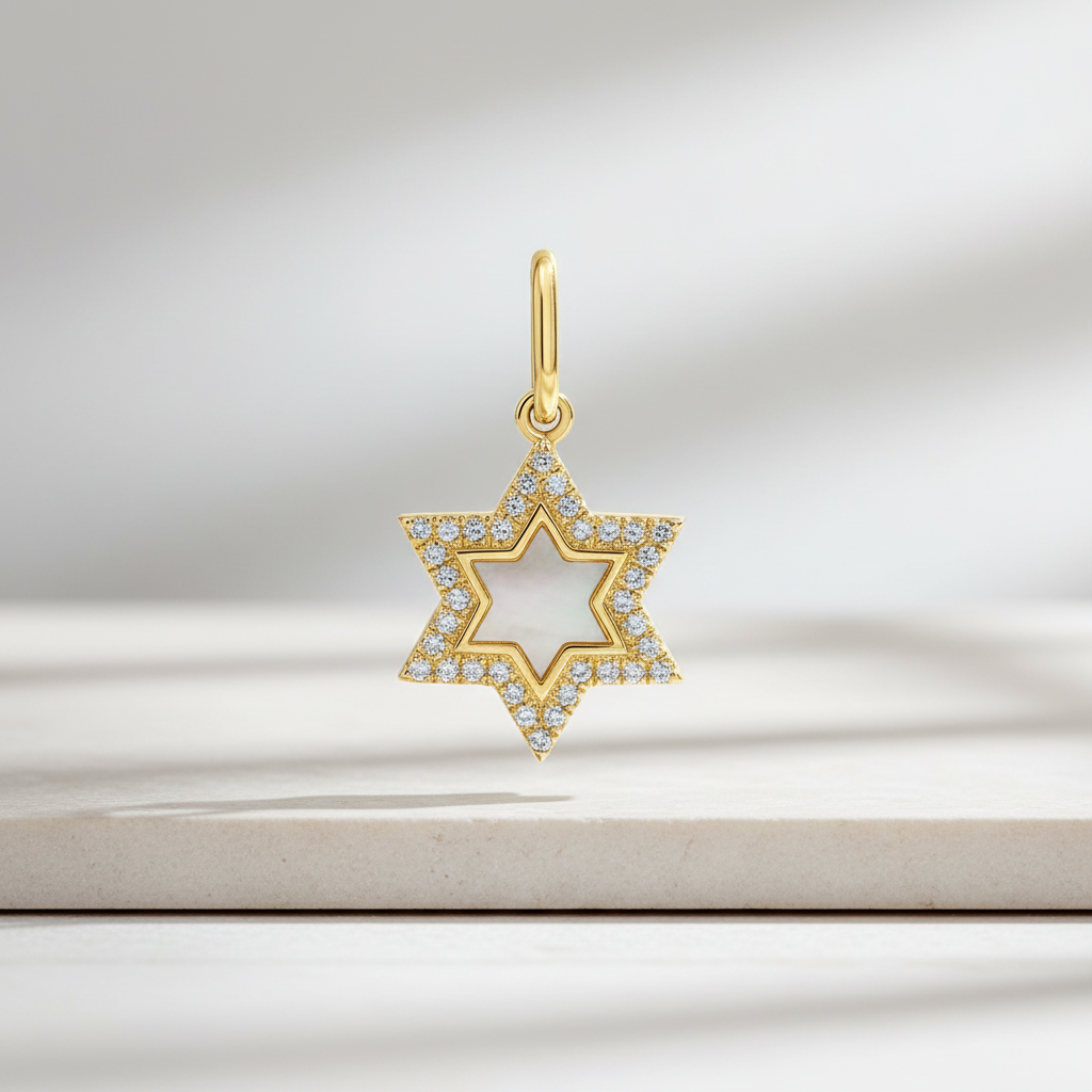 14k Yellow Gold Diamond Mop Star Of David Charm, alternate view 2