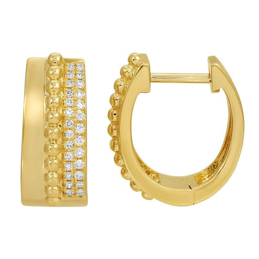 14K Yellow Gold Diamond Pave Beaded Wide Huggie Hoop Earrings