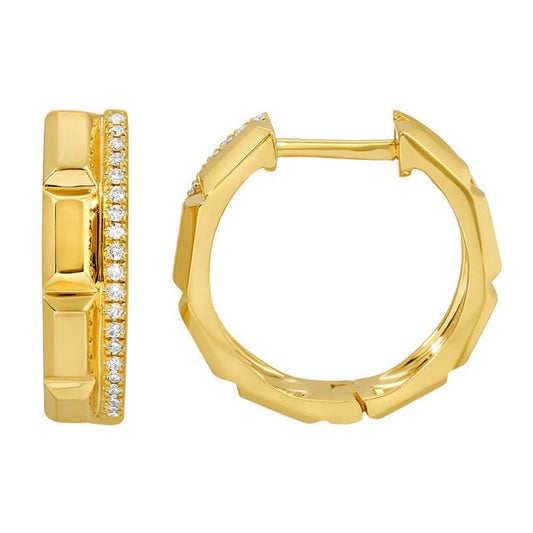 14K Yellow Gold Diamond Pave Faceted Huggie Earrings