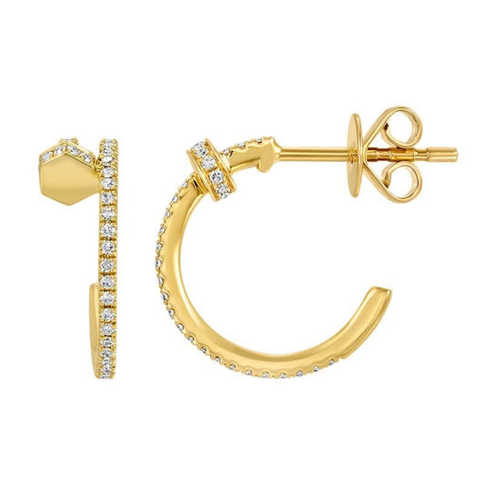 14K Yellow Gold Diamond Pave Nail J Hoop Earrings