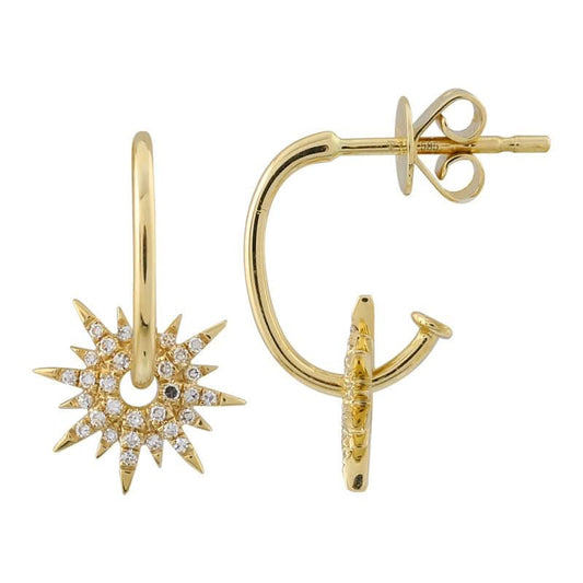 14K Yellow Gold Diamond Pave Starburst Dangle J Hoop Earrings