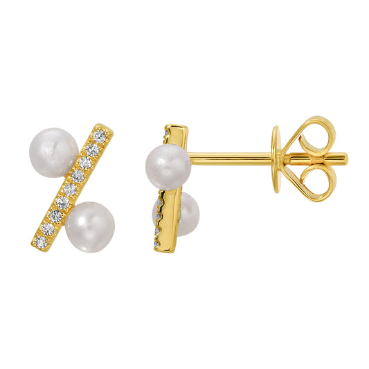 14k Yellow Gold Diamond Pearl Stud Earrings – 3–3.5mm