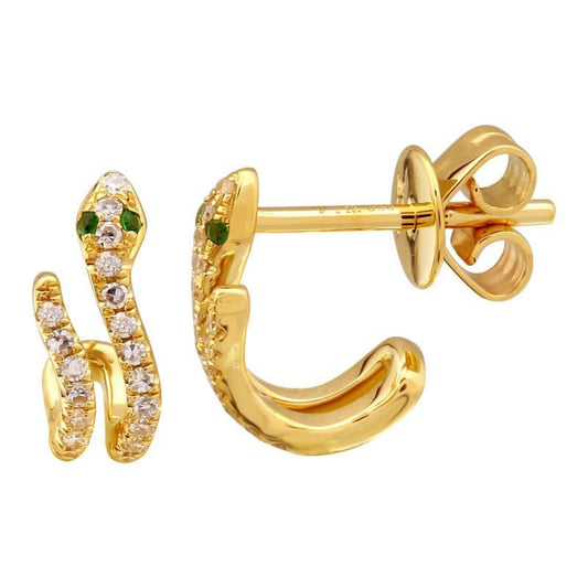 14k Yellow Gold Diamond Snake Lobe Stud Earrings