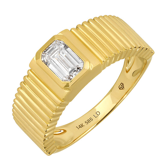 14k Yellow Gold Emerald Cut Lab Diamond Fluted Line Ring