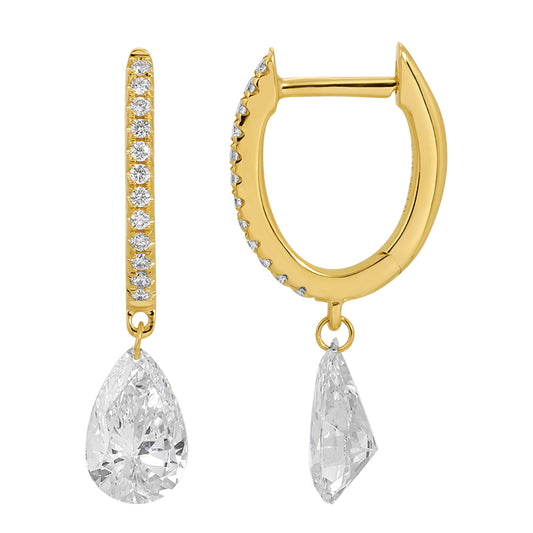 14k Yellow Gold Floating Pear Lab Diamond Huggie Earrings