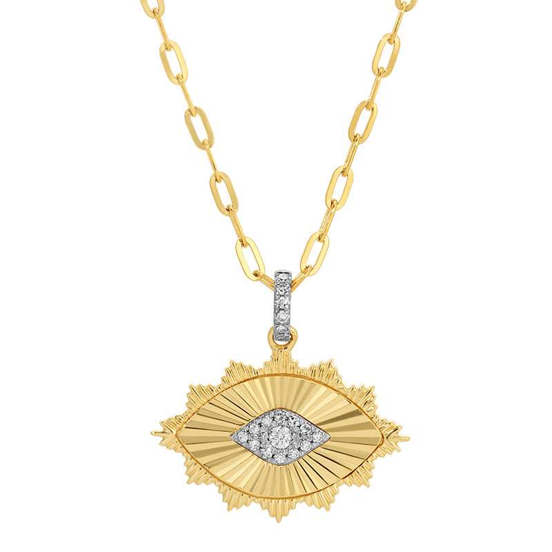 14K yellow gold fluted evil eye diamond necklace
