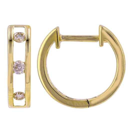 14k Yellow Gold Gold Border Diamond Huggie Earrings