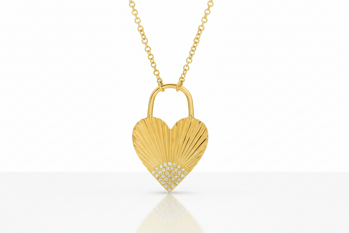 14K Yellow Gold Hand Made Lines and Fluted Heart Diamond Necklace, alternate view 2