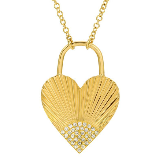 14K Yellow Gold Hand Made Lines and Fluted Heart Diamond Necklace