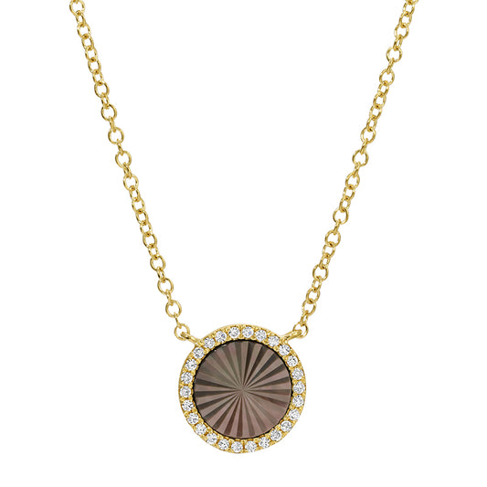 14K Yellow Gold Lines and Fluted Black Mop Disc Diamond Necklace