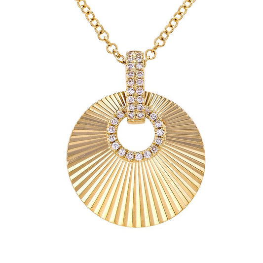 14K Yellow Gold Lines and Fluted Disc Diamond Necklace