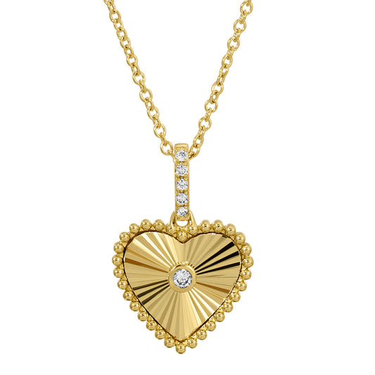 14K Yellow Gold Lines and Fluted Heart Diamond Necklace