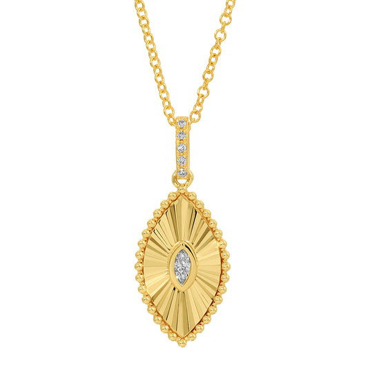 14K Yellow Gold Lines and Fluted Marquise Shape Diamond Necklace