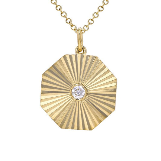 14K Yellow Gold Lines and Fluted Octagon Shape Diamond Necklace