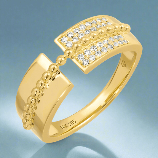 14K Yellow Gold Pave Diamond Beaded Open Ring
