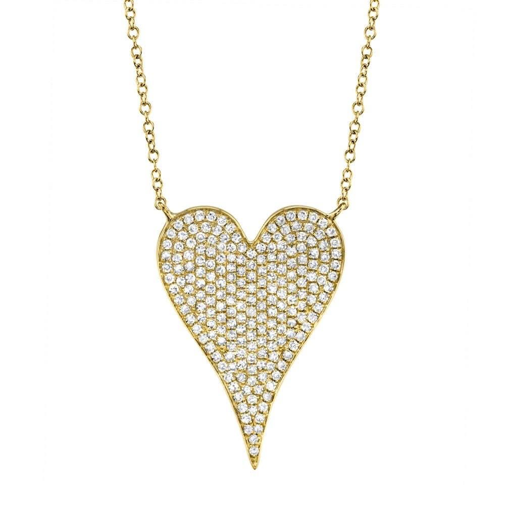 14K Yellow Gold Pave Diamond Heart Necklace - Large
