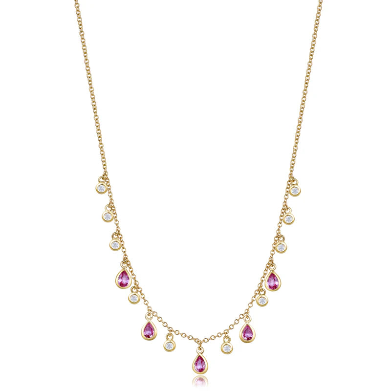 14K Yellow Gold Pink Sapphire & Diamond Drop Necklace