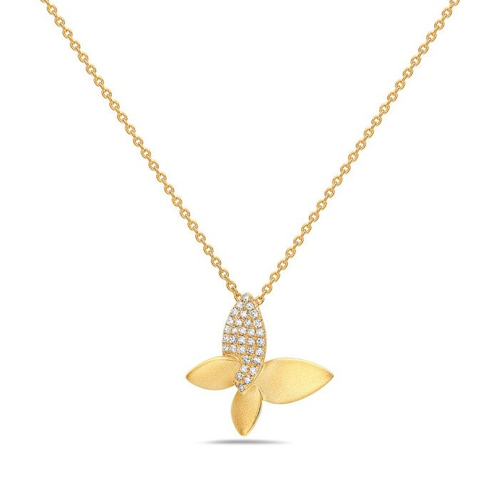 14k Yellow Gold Satin & Diamond Butterfly Necklace