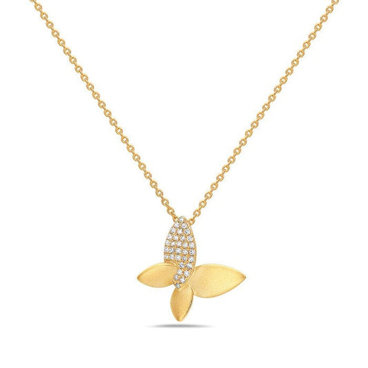 14k Yellow Gold Satin & Diamond Butterfly Necklace