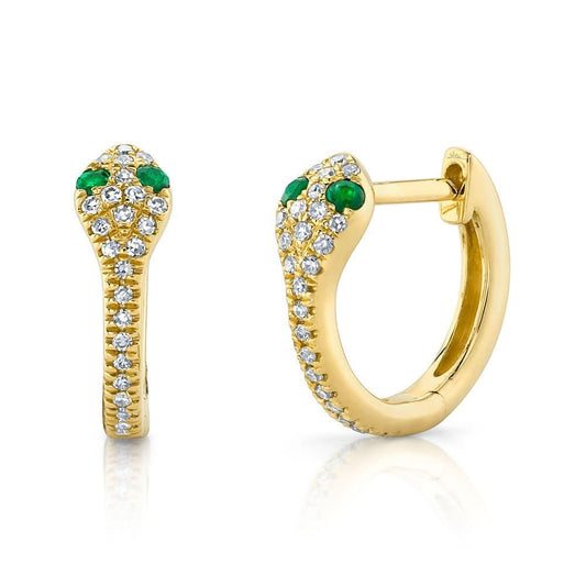 14K Yellow Gold Snake Huggie Earrings with Diamond and Emerald Accents - Susan Blake Jewelry