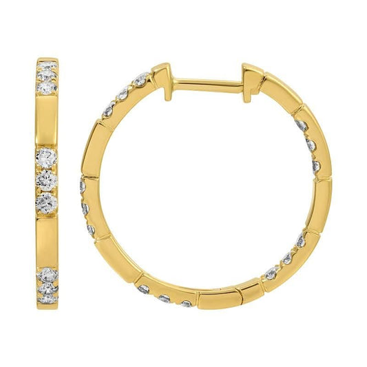 14k Yellow Gold Square Pattern Diamond Inside Out Hoop Earrings