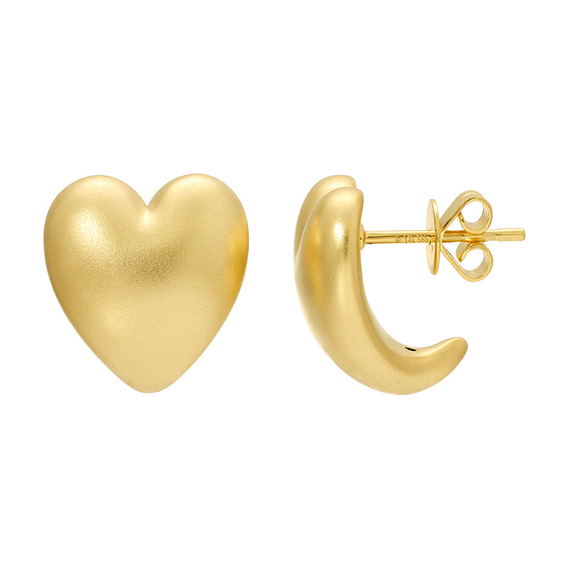 14k Yellow Gold Sand-Finished Puffed Heart Stud Earrings