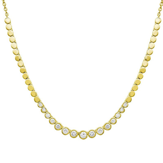14K Yellow Gold Graduated Bezel Diamond W Gold Disc Chain Necklace