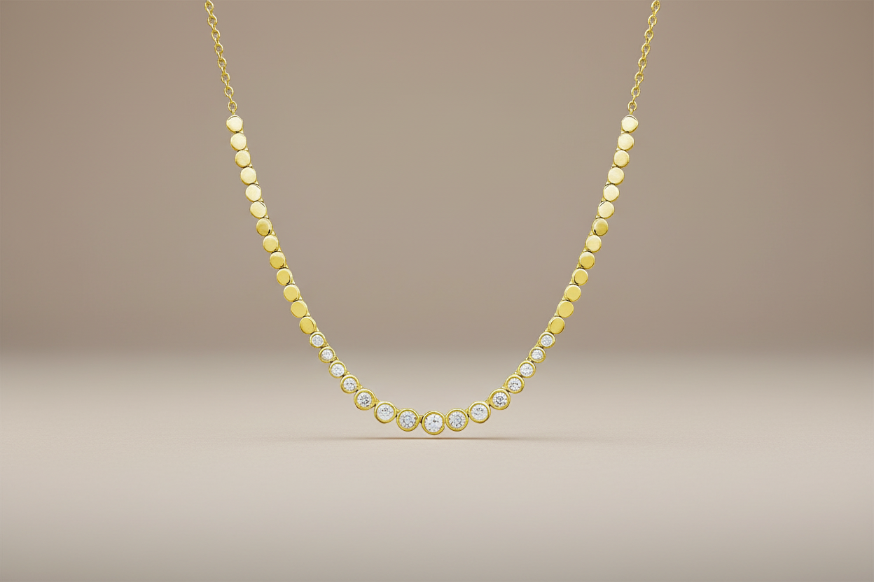 14K Yellow Gold Graduated Bezel Diamond W Gold Disc Chain Necklace