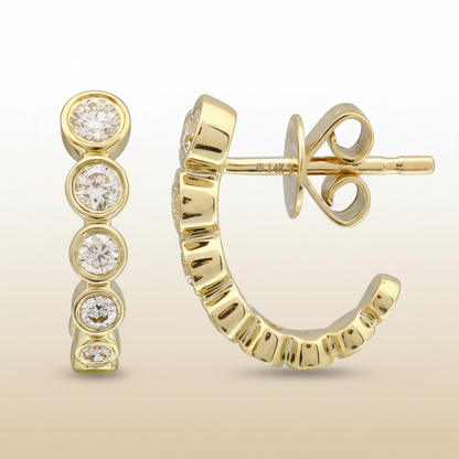 14k Yellow Gold Bezel Set Diamond J Hoop Stud Earrings