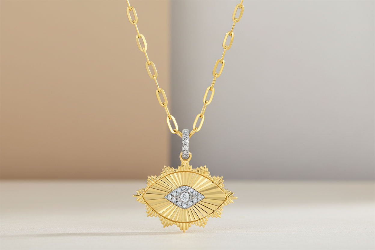 14K Yellow Gold Lines / Fluted Evil Eye Diamond Necklace