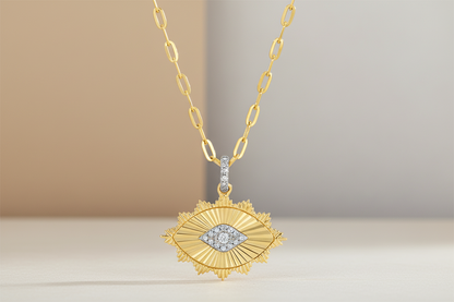 14K Yellow Gold Lines / Fluted Evil Eye Diamond Necklace