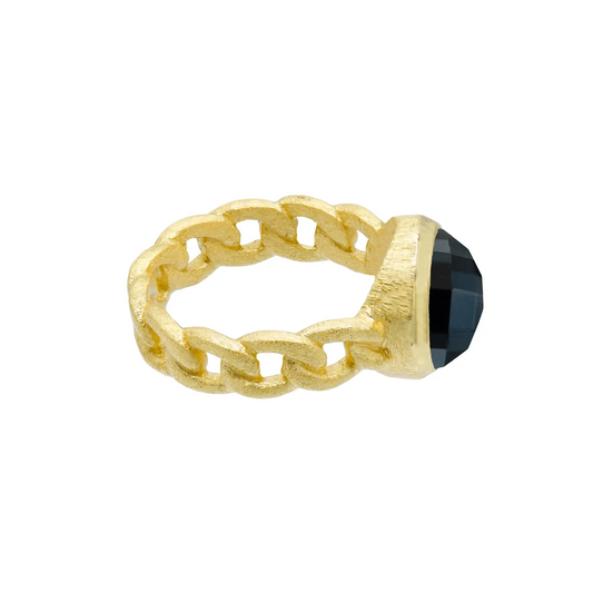 18K yellow gold Plated Chain Ring With Dark Blue Pyrite Center Stone.