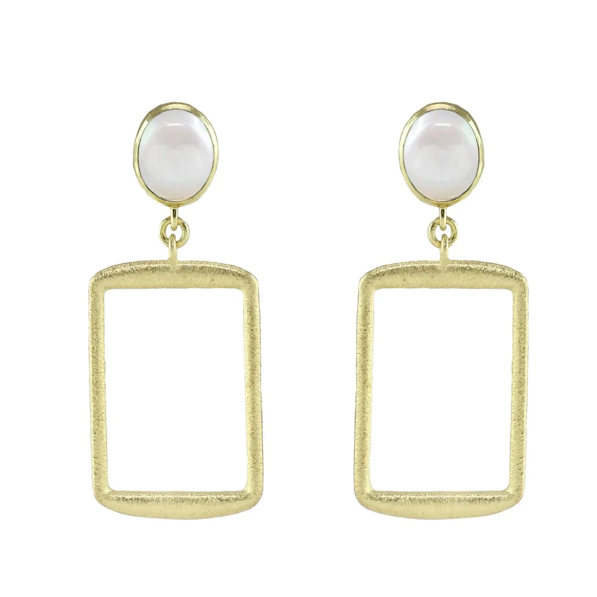 18K yellow gold Plated Open Rectangle Drop With With Pearl Post Earrings.