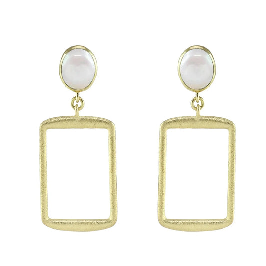 18K yellow gold Plated Open Rectangle Drop With With Pearl Post Earrings.