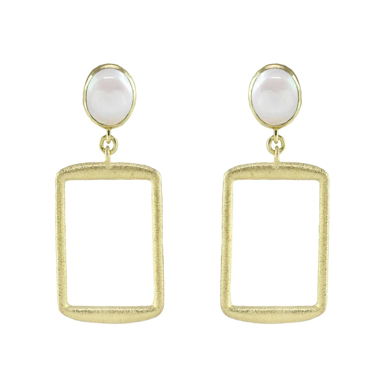 18K YG Plated Open Rectangle Drop With With Pearl Post Earrings. - Susan Blake Jewelry