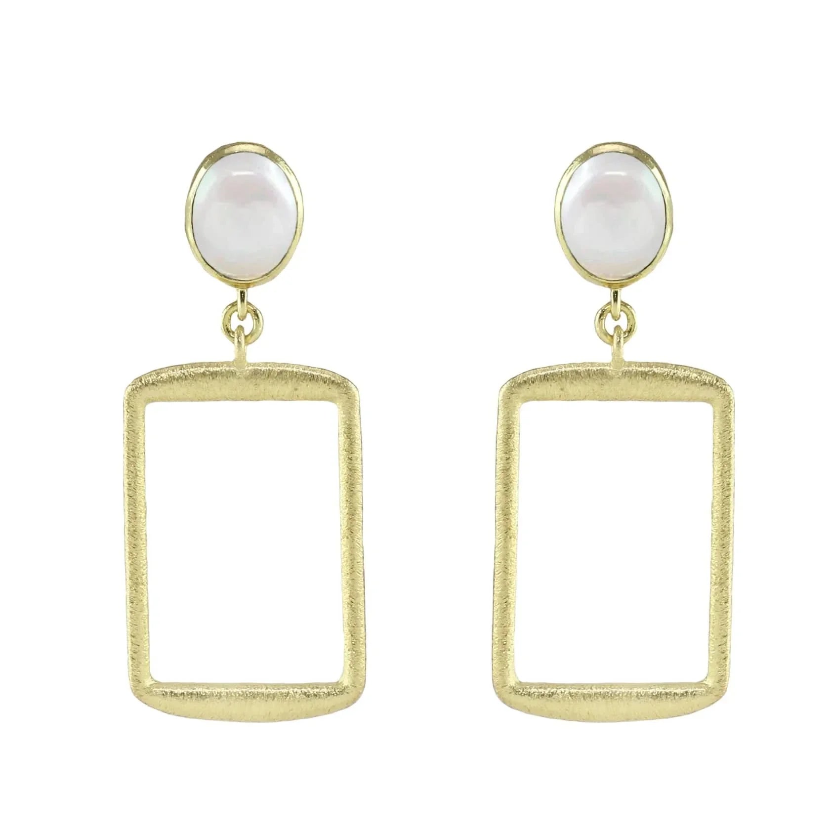 18K YG Plated Open Rectangle Drop With With Pearl Post Earrings. - Susan Blake Jewelry
